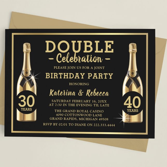 Invitación Fiesta de Cumpleaños Doble Champagne Elegante (Subido por el creador)