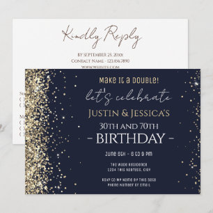 Invitación Fiesta de cumpleaños doble con purpurina dorada co