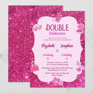 Invitación Fiesta de cumpleaños doble con purpurina rosa para