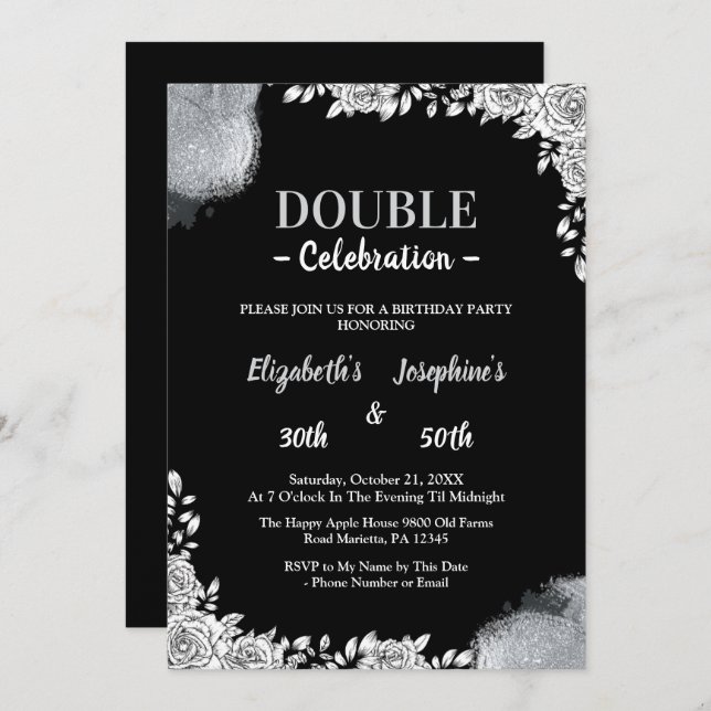 Invitación Fiesta de cumpleaños doble conjunta para adultos | (Anverso / Reverso)