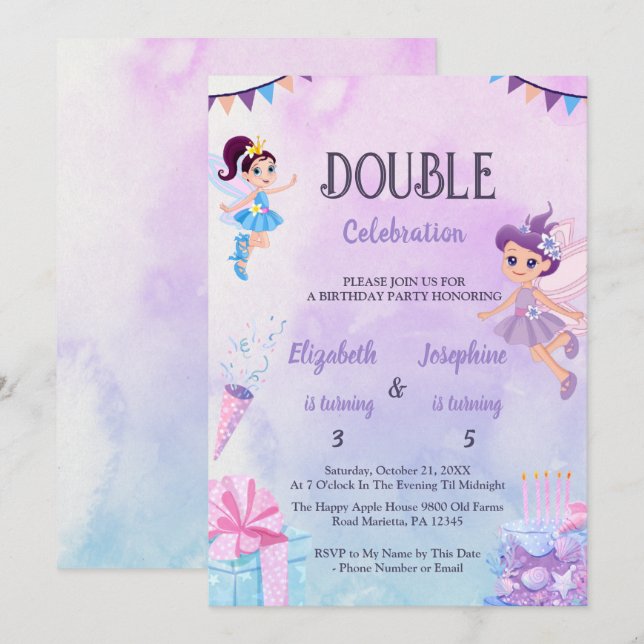 Invitación Fiesta de Cumpleaños Doble de Hadas para Niñas (Anverso / Reverso)