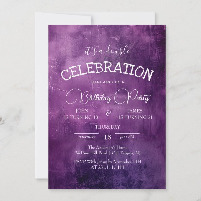 Invitación Fiesta de cumpleaños doble de papel púrpura rústic (Anverso)