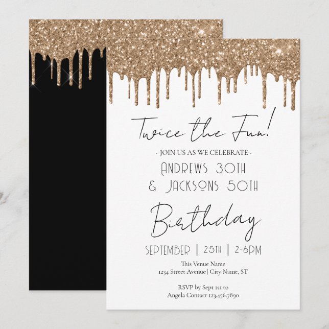 Invitación Fiesta de Cumpleaños Doble Elegante con Goteo de O (Anverso / Reverso)