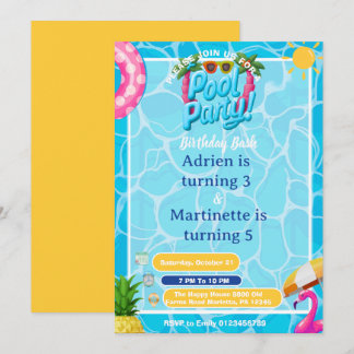 Invitación Fiesta de Cumpleaños Doble en Piscina de Niños