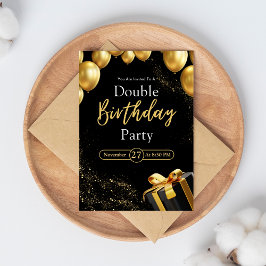 Invitación Fiesta de cumpleaños doble negro y elegante de oro