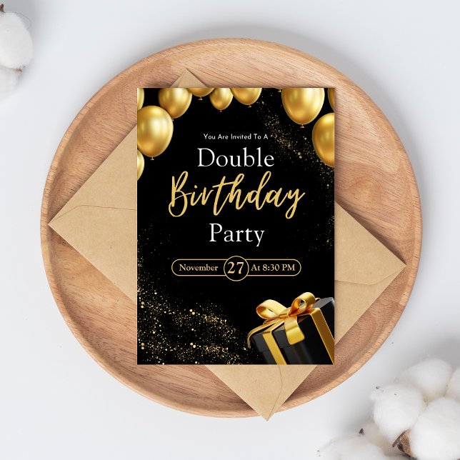Invitación Fiesta de cumpleaños doble negro y elegante de oro (Subido por el creador)