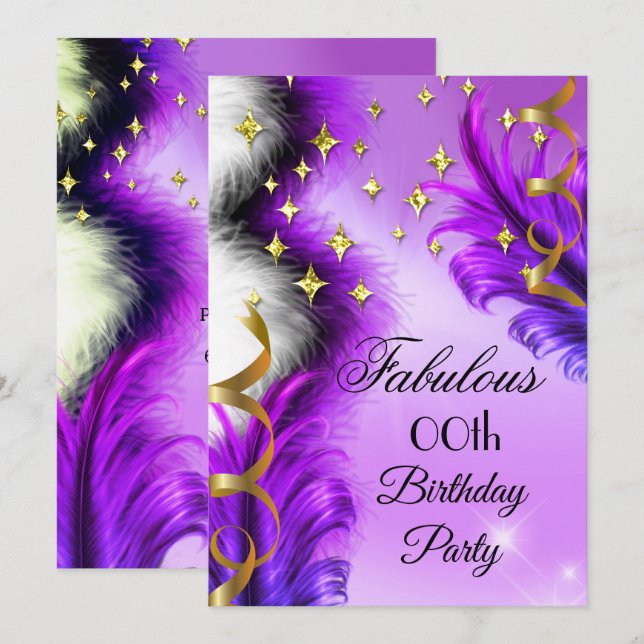 Invitación Fiesta de cumpleaños dorada Plumas Púrpuras Fabulo (Anverso / Reverso)