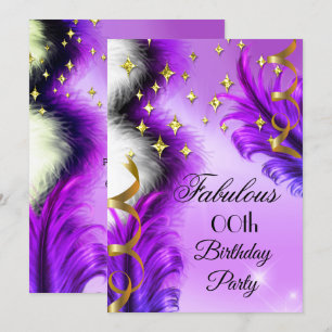 Invitación Fiesta de cumpleaños dorada Plumas Púrpuras Fabulo