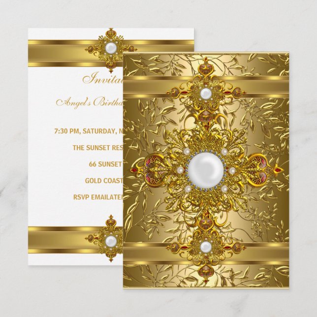 Invitación Fiesta de Cumpleaños Dorada Rica Ornata Blanca Ele (Anverso / Reverso)