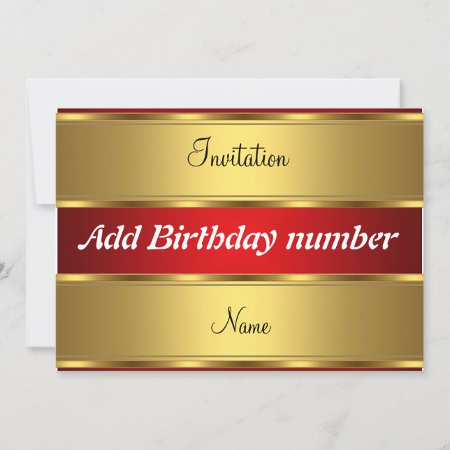 Invitación Fiesta de Cumpleaños Dorada y Roja (Anverso)