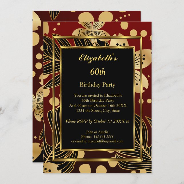 Invitación Fiesta de cumpleaños Dorado Burgundy Floral (Anverso / Reverso)