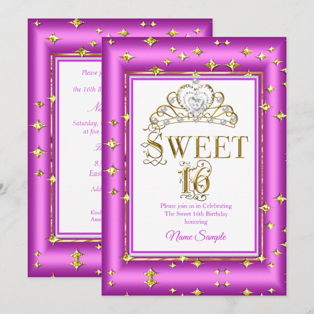 Invitación Fiesta de cumpleaños dorado morado Princesa Dulce  (Anverso / Reverso)
