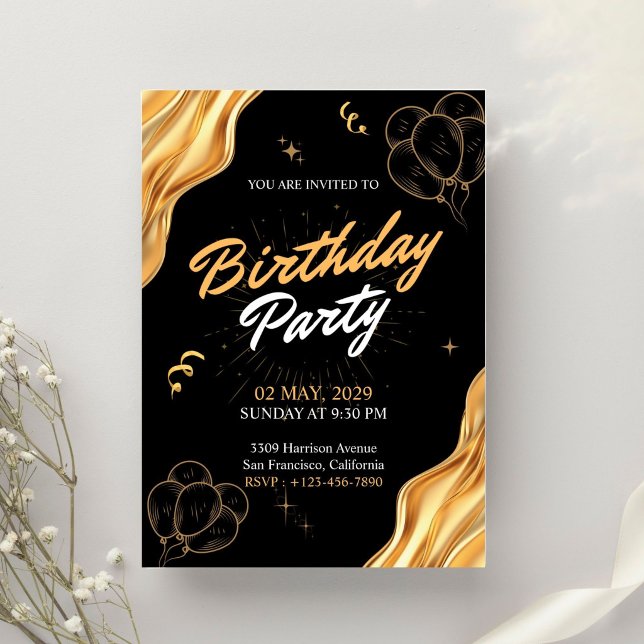 Invitación Fiesta de Cumpleaños Dorado y Negro (Subido por el creador)