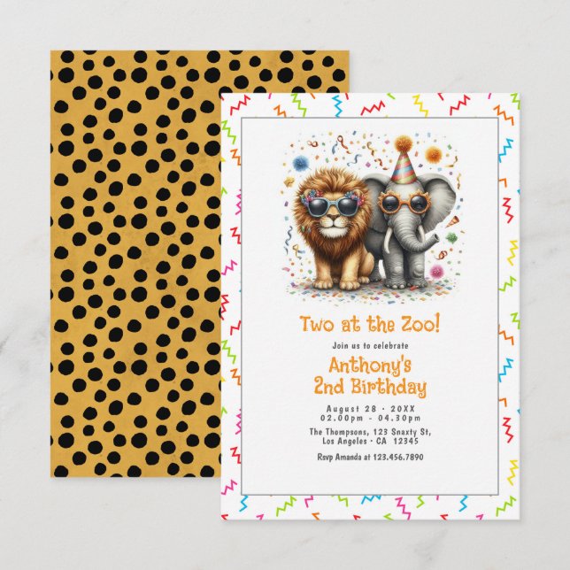 Invitación Fiesta de cumpleaños "Dos en el zoológico" 2º cump (Anverso / Reverso)
