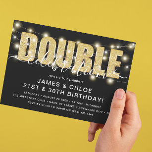 Invitación Fiesta de cumpleaños "DOUBLE", Purpurina de oro