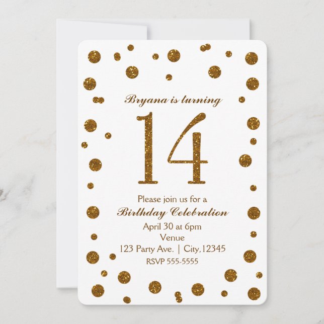 Invitación Fiesta de Cumpleaños Dulces 14 Puntos de Brillo Bl (Anverso)