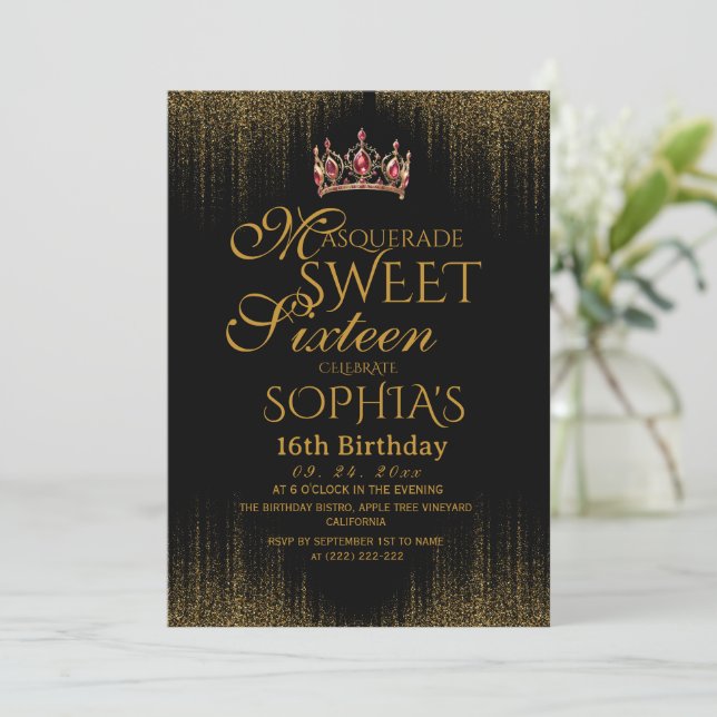 Invitación Fiesta de Cumpleaños Dulces 16 Black Masquerade Ch (Anverso de pie)