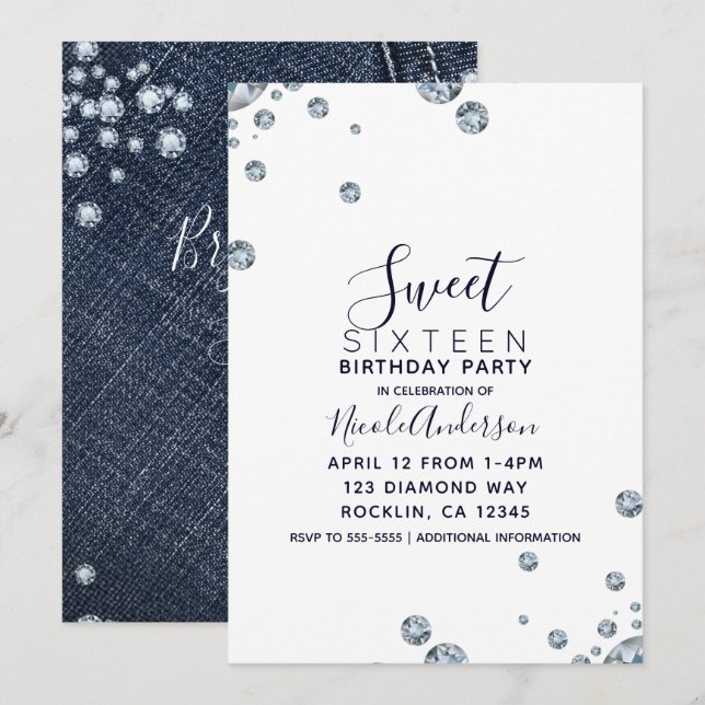 Invitación Fiesta de Cumpleaños Dulces 16 Bolsillo de Mezclil (Anverso / Reverso)