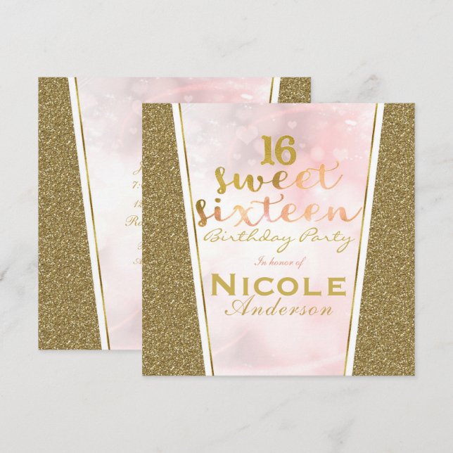 Invitación Fiesta de Cumpleaños Dulces 16 Brillantes con Glit (Anverso / Reverso)