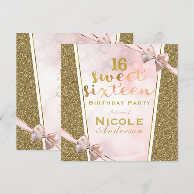Invitación Fiesta de Cumpleaños Dulces 16 Brillo Dorado Rosa  (Anverso / Reverso)