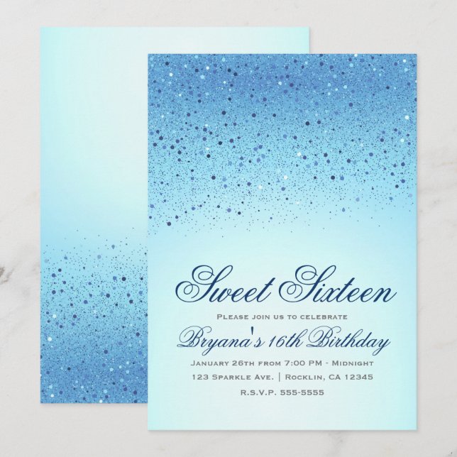 Invitación Fiesta de Cumpleaños Dulces 16 con Brillo Azul Bri (Anverso / Reverso)