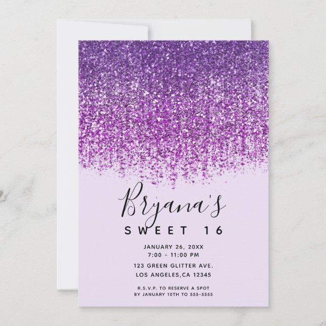 Invitación Fiesta de Cumpleaños Dulces 16 con Brillo Purpura  (Anverso)