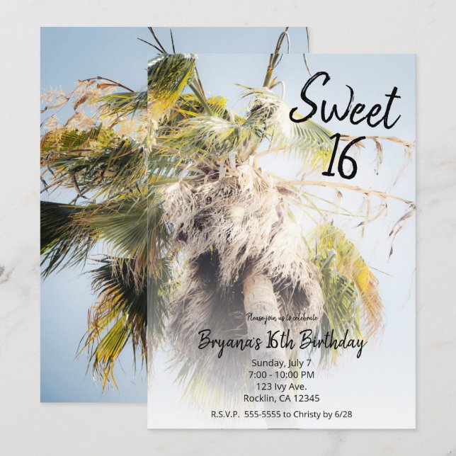 Invitación Fiesta de Cumpleaños Dulces 16 con Palmeras de Isl (Anverso / Reverso)