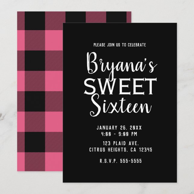 Invitación Fiesta de Cumpleaños Dulces 16 de Cuadros Búfalo R (Anverso / Reverso)