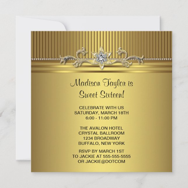 Invitación Fiesta de cumpleaños Dulces 16 de oro (Anverso)
