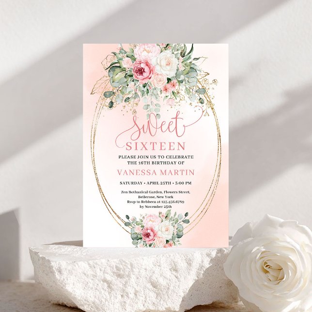 Invitación Fiesta de Cumpleaños Dulces 16 Flor de Rosa Románt (Romantic Blush Floral Sweet 16 Birthday Party Invite)
