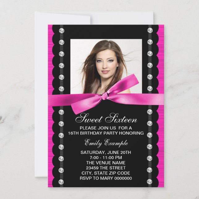 Invitación Fiesta de cumpleaños Dulces 16 Foto Rosa Caliente (Anverso)