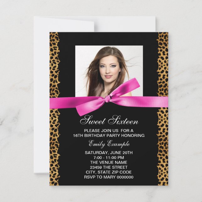 Invitación Fiesta de Cumpleaños Dulces 16 Fotos de Leopardo R (Anverso)
