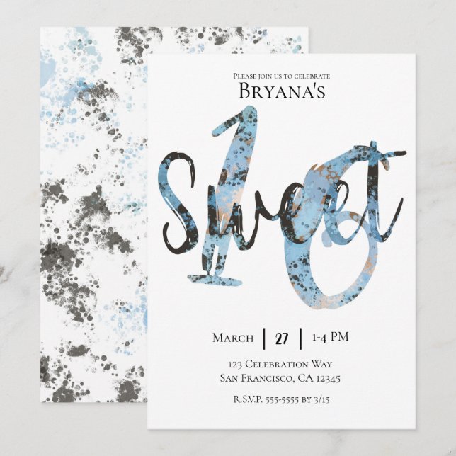 Invitación Fiesta de Cumpleaños Dulces 16 Moderna Azul Negro  (Anverso / Reverso)