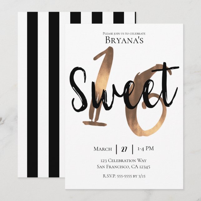 Invitación Fiesta de Cumpleaños Dulces 16 Moderno Bronce Blan (Anverso / Reverso)
