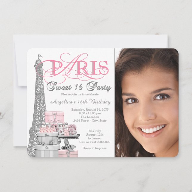 Invitación Fiesta de Cumpleaños Dulces 16 París Rosa y Gris (Anverso)