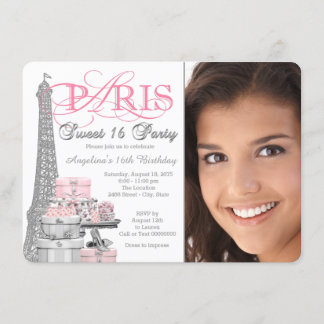 Invitación Fiesta de Cumpleaños Dulces 16 París Rosa y Gris