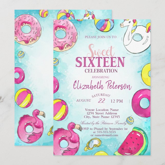 Invitación Fiesta de Cumpleaños Dulces 16 Piscina de Verano F (Anverso / Reverso)