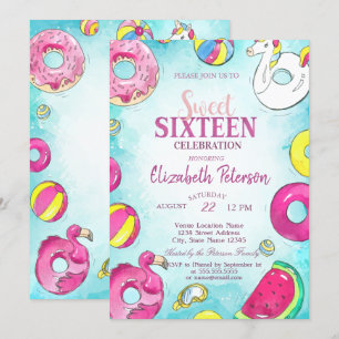 Invitación Fiesta de Cumpleaños Dulces 16 Piscina de Verano F