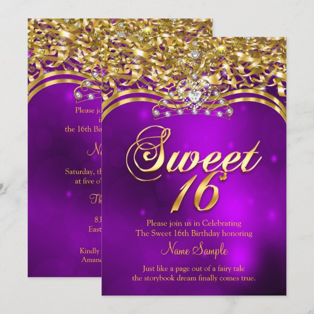 Invitación Fiesta de Cumpleaños Dulces 16 Purpurina Dorada (Anverso / Reverso)