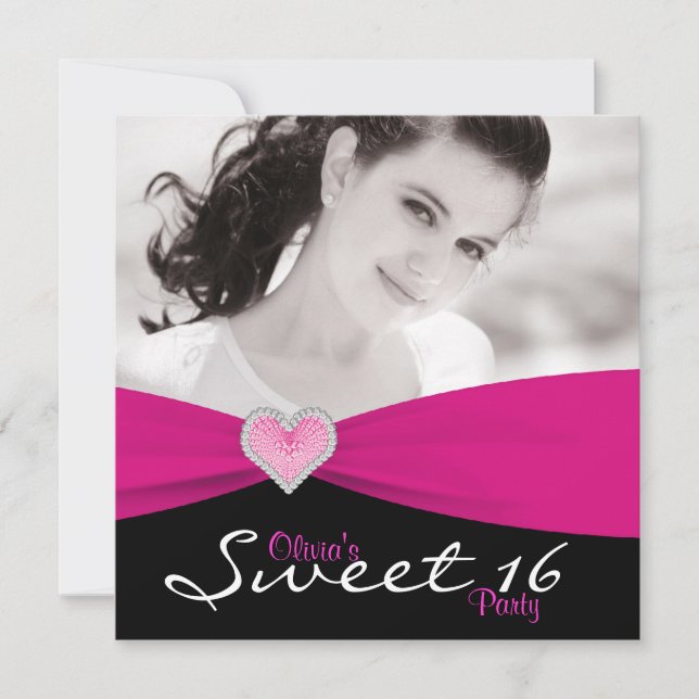 Invitación Fiesta de Cumpleaños Dulces 16 Rosa Caliente Negro (Anverso)