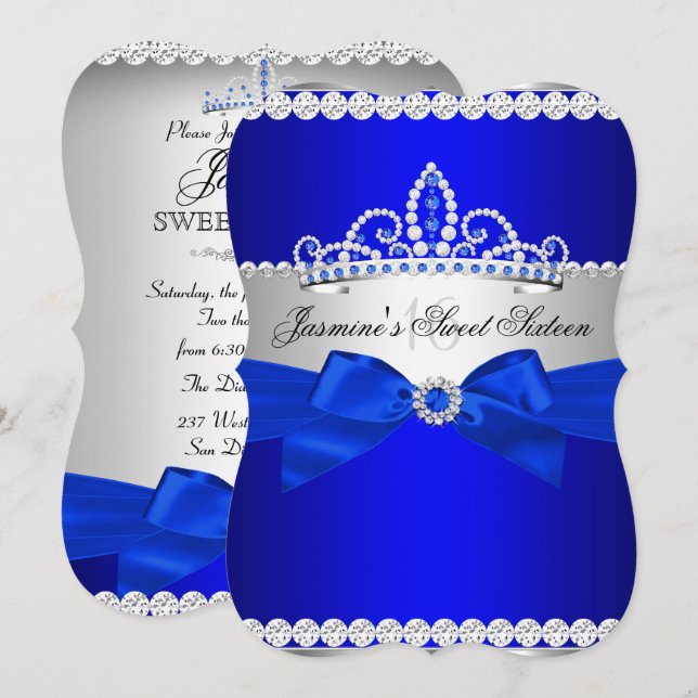 Invitación Fiesta de Cumpleaños Dulces 16 Royal Azul y Plata (Anverso / Reverso)