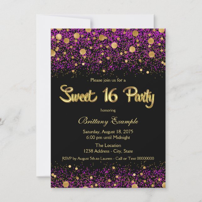 Invitación Fiesta de Cumpleaños Dulces Dieciséis Morado y Dor (Anverso)