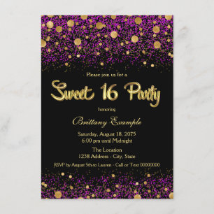Invitación Fiesta de Cumpleaños Dulces Dieciséis Morado y Dor