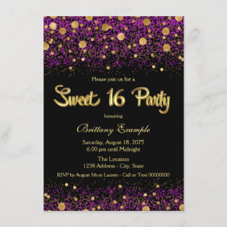 Invitación Fiesta de Cumpleaños Dulces Dieciséis Morado y Dor