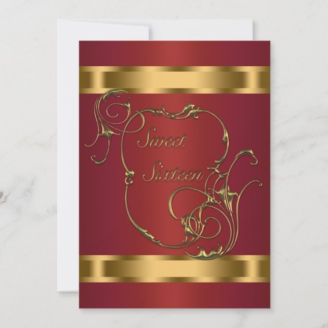 Invitación Fiesta de Cumpleaños Dulces Dieciséis Rojo Dorado (Anverso)