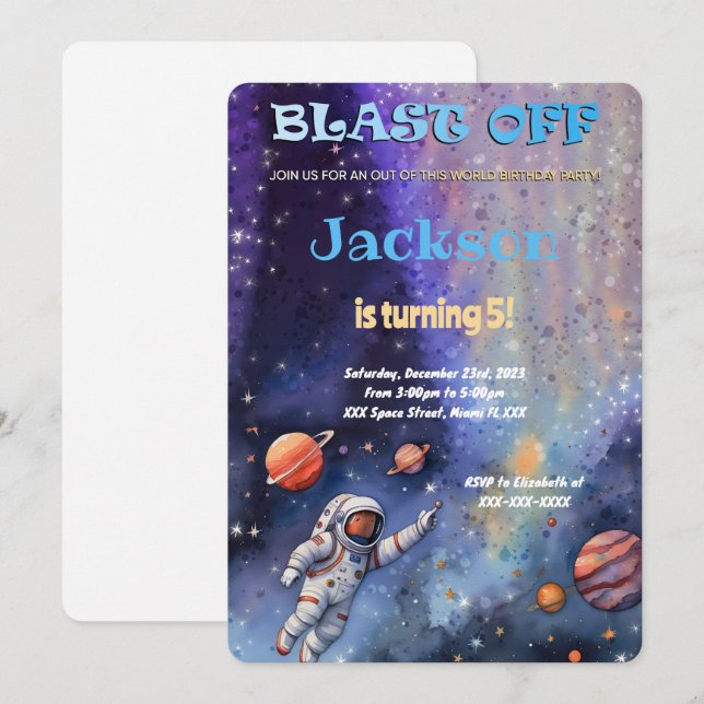 Invitación Fiesta de cumpleaños editable del espacio exterior (Anverso / Reverso)