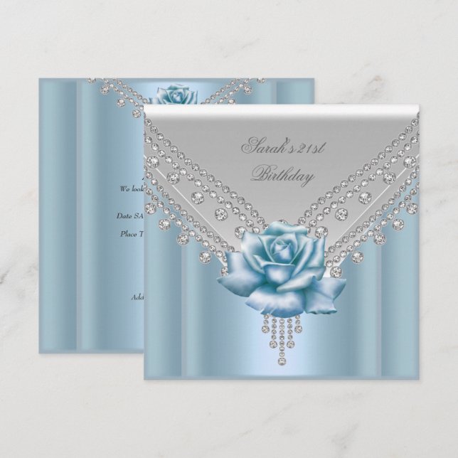 Invitación Fiesta de cumpleaños elegante 21 blanco rosa azul (Anverso / Reverso)