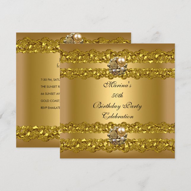 Invitación Fiesta de cumpleaños elegante 50 perlas joyas oro (Anverso / Reverso)