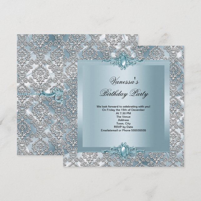Invitación Fiesta de Cumpleaños Elegante Azul Damask Plateado (Anverso / Reverso)