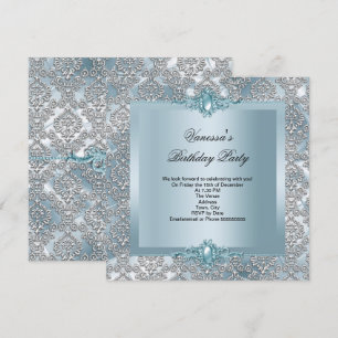 Invitación Fiesta de Cumpleaños Elegante Azul Damask Plateado